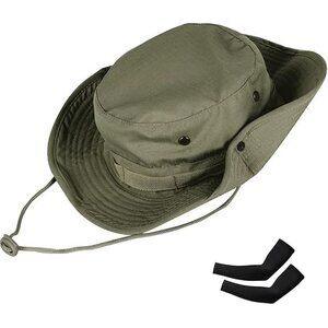 Unisex Green Wide Brim Boonie Uv Protection Chin Strap Adjustable Cowboy Sun Hat